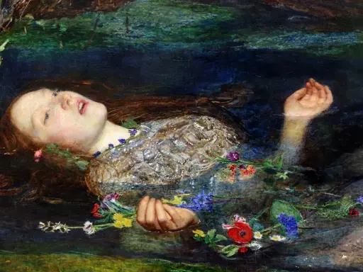 A Pre-Raphaelite masterpiece depicts Ophelia floating serenely in water, her face pale, surrounded by a wreath of flowers.