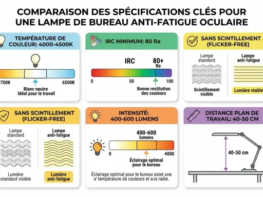 Comparaison des spécifications d'une lampe de bureau anti-fatigue : température de couleur, IRC, absence de scintillement, intensité et distance de travail.