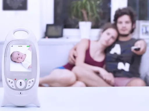 Ein Babyphone mit Bildschirm zeigt ein Baby. Im Hintergrund entspannen sich Eltern auf dem Sofa.