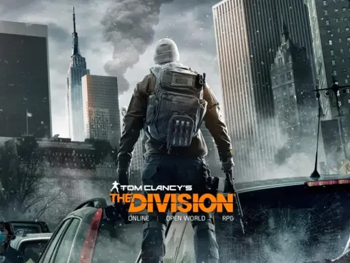 Postapokaliptyczny Nowy Jork, zniszczone samochody i dymiące budynki. Postać w zimowym ubraniu i z plecakiem stoi na tle panoramy miasta. To The Division.