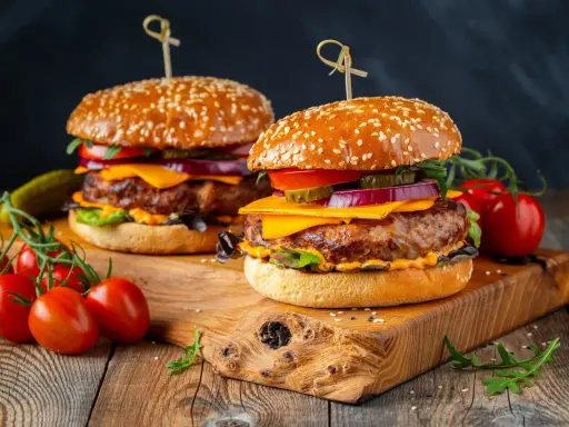 Dwa soczyste burgery z serem, warzywami i piklami na drewnianej desce, obok pomidorków koktajlowych.