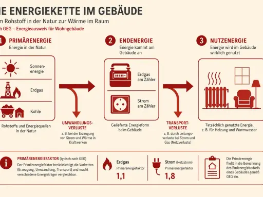 Die Energiekette im Gebäude: Von Rohstoffen zur Nutzung. Primärenergie (Sonne, Gas, Kohle) wird zu Endenergie (Gas, Strom) und dann zu Nutzenergie (Heizung). Primärenergiefaktoren helfen, den Endenergiebedarf zu berechnen.