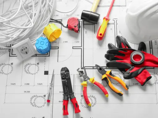 Outils d'électricien sur un plan : fils, prises, tournevis, pinces, marteau, casque et gants pour installer le courant électrique.