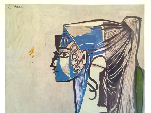 Picasso's portrait of Sylvette David, a striking profile in blue and white with flowing hair.