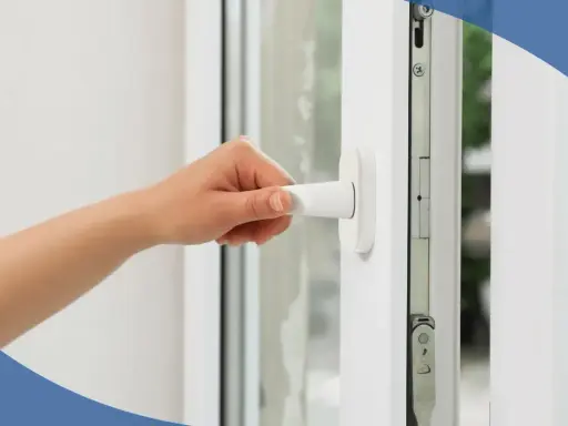 Mano girando la manija de unas ventanas de seguridad para casas, mostrando el mecanismo interno.
