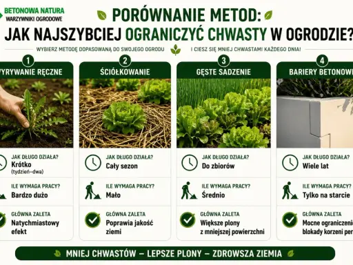 Porównanie metod: ręczne wyrywanie, ściółkowanie, gęste sadzenie i bariery betonowe to domowy sposób na chwasty.