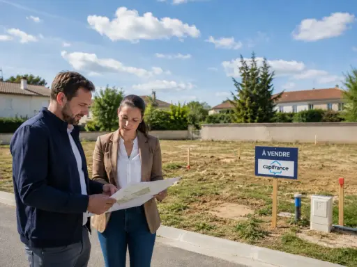 Un couple examine un plan sur un terrain à vendre, projetant d'acheter pour construire une maison.