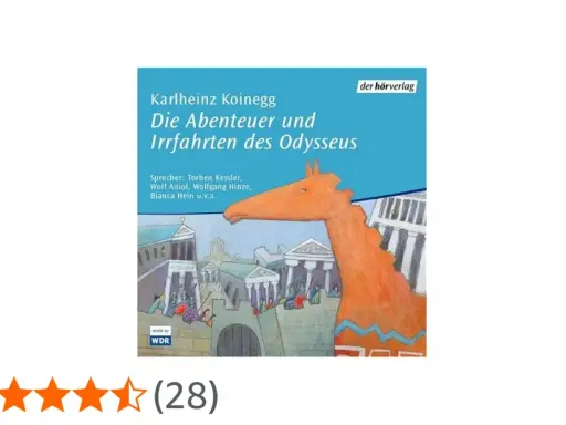 Hörbuchcover: Karlheinz Koineggs "Die Abenteuer und Irrfahrten des Odysseus" mit einem stilisierten Trojanischen Pferd vor antiken Gebäuden.