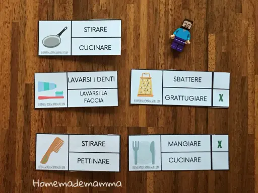 Schede per le azioni classe prima: stirare, cucinare, lavarsi i denti, lavarsi la faccia, sbattere, grattugiare, pettinare, mangiare.