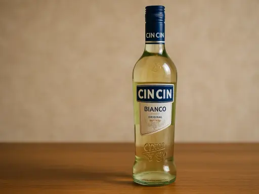 Butelka Cin Cin Bianco Original na drewnianym blacie. Idealna na letnie wieczory.