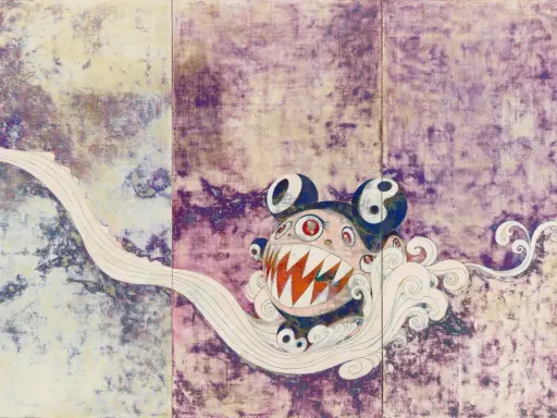 Ein grinsendes, pelziges Wesen mit großen Augen und scharfen Zähnen, typisch für Takeshi Murakami, schwebt auf einer weißen Wolke vor einem lila Hintergrund.