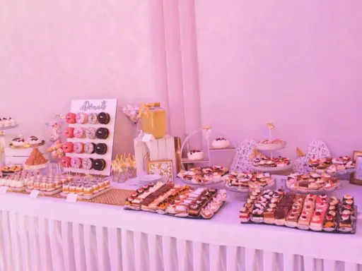 Słodki stół weselny dla 80 osób: mnóstwo ciast, babeczek i donutów.