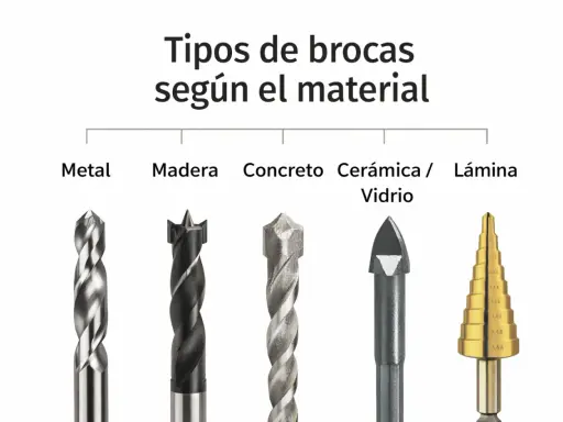 Diferentes tipos de brocas para metal, madera, concreto, cerámica/vidrio y lámina.
