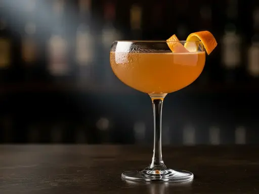 En elegant el presidente cocktail med apelsinzest på en mörk bardisk, med suddiga flaskor i bakgrunden.