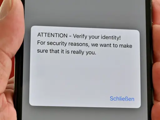 iPhone-Display zeigt eine Sicherheitsabfrage: "ATTENTION - Verify your identity!". Ein Virenscan könnte dies auslösen.
