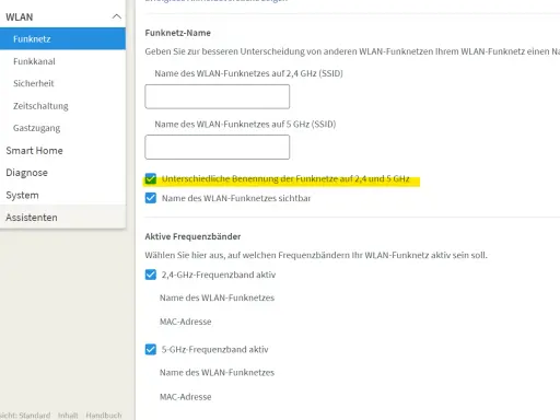 Einstellungen für WLAN-Funknetze: Hier können Sie das 5ghz wlan einstellen und die Namen für 2,4 und 5 GHz Funknetze festlegen.