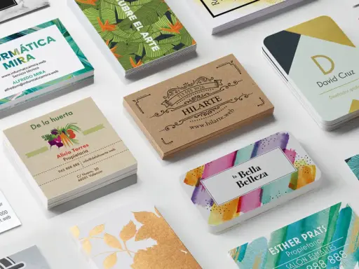 Variedad de tarjetas de presentación con diseños modernos y creativos, mostrando el tamaño estándar para tu negocio.