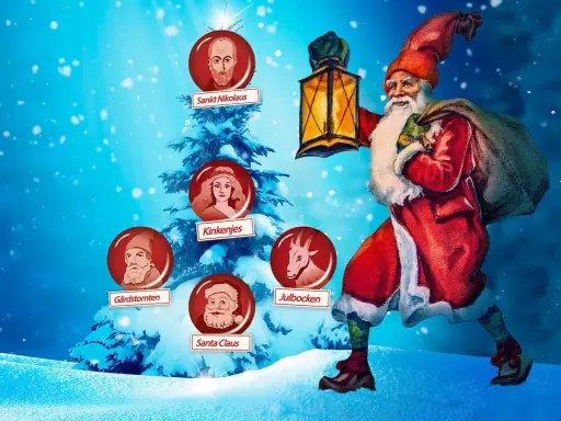 Tomten har många ansikten! Bilden visar Sankta Nikolaus, Kinkenjes, Gårdstomten, Julbocken och Santa Claus, som alla bidrar till frågan: vart kommer tomten ifrån?