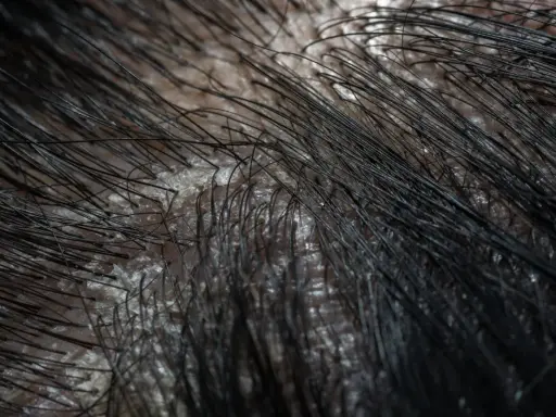 Gros plan sur un cuir chevelu présentant des pellicules grasses, avec des cheveux noirs fins qui poussent à travers.