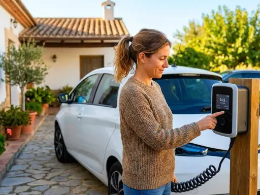 Mujer interactúa con cargador de coche eléctrico, preparándose para el futuro del transporte, quizás con un plan auto plus 2026 boe.