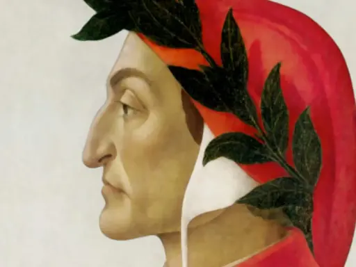 Ritratto di Dante Alighieri con corona d'alloro, un monito: "lasciate ogni speranza o voi che entrate".