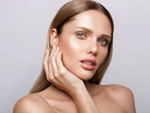 Mujer con piel radiante y labios brillantes, mostrando los pasos para maquillarse con un look natural y elegante.