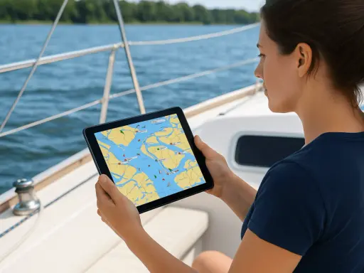 Une femme sur un voilier consulte une tablette affichant une carte marine avec des informations de trafic AIS français.