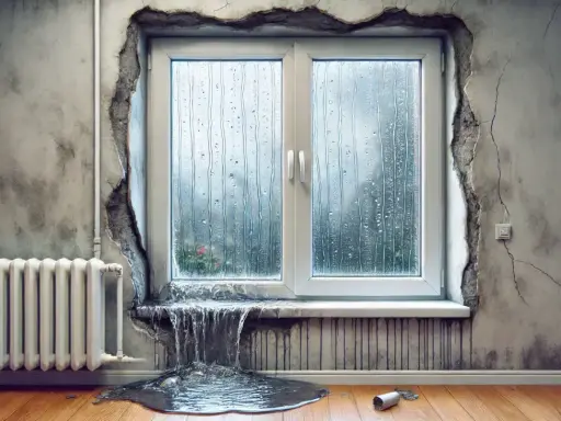 Una ventana con goteras y agua acumulada en el alféizar, evidenciando la falta de estanqueidad al agua en las ventanas.