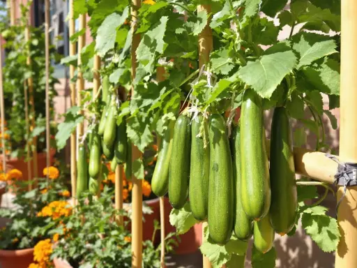 Courgettes vertes suspendues à des tuteurs en bambou, avec un bon espacement pour une croissance optimale. Des fleurs orange sont visibles en arrière-plan.