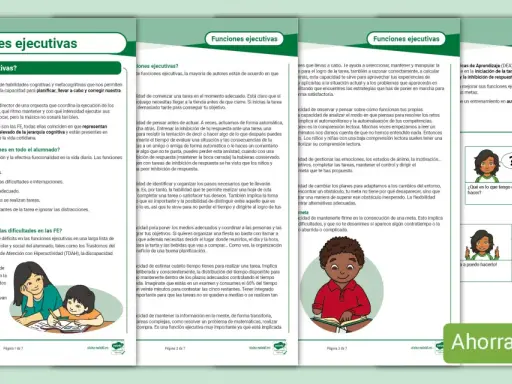 Ilustración sobre funciones ejecutivas en niños, con viñetas que explican qué son y su importancia.