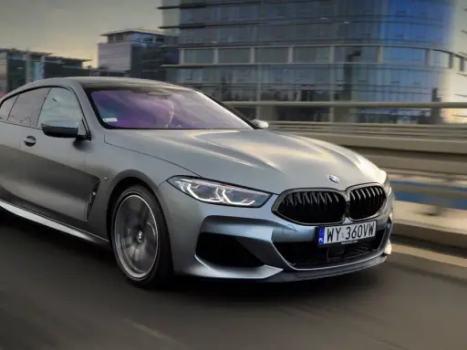 Srebrne BMW M850i sunie po moście, odbijając światła miasta w swoich szybach.