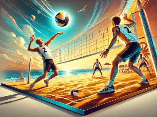 Dynamiczne przejścia w siatkówce na plaży. Gracze w akcji, piłka w powietrzu, zachód słońca.