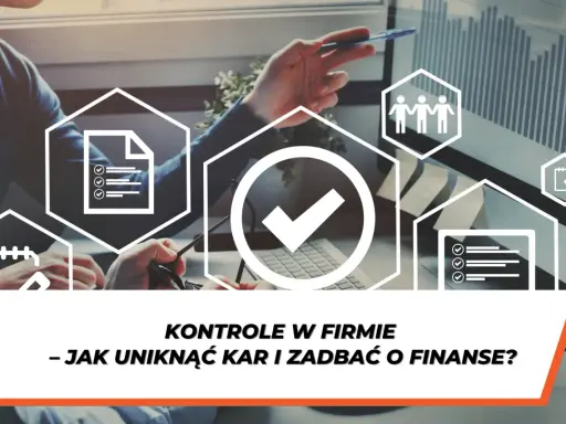 Przedsiębiorca analizuje dane, by uniknąć kontroli i zadbać o finanse firmy. Ikony symbolizują dokumenty, zespół i kalendarz.