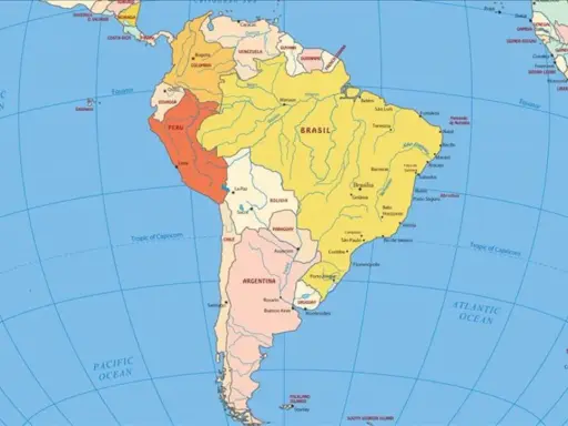 Mapa Ameryki Południowej. Gdzie jest Kolumbia? Znajduje się na północnym zachodzie kontynentu, obok Wenezueli i Peru.