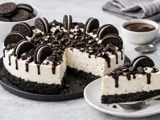 Gâteau au fromage crémeux, garni de biscuits Oreo et de sauce au chocolat. Un délice avec son fond de gâteau croustillant sans cuisson.