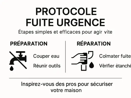 Protocole d'urgence pour colmater une fuite d'eau : préparation (couper l'eau, réunir outils) et réparation (colmater, vérifier l'étanchéité).