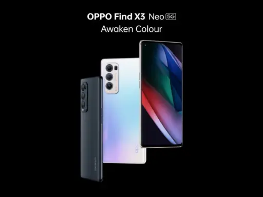 Dwa telefony OPPO Find X3 Neo w kolorach czarnym i perłowym, jeden z nich wyświetla abstrakcyjny wzór.