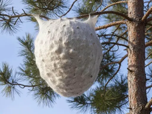Gros nid blanc de chenilles processionnaires sur une branche de pin. Que faire face à ce danger ?