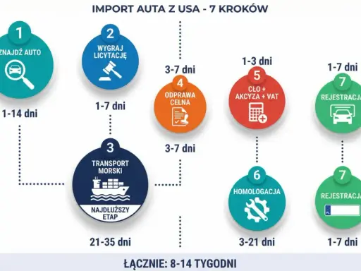 Schemat importu auta z USA: znajdź auto, wygraj licytację, transport morski, odprawa celna, cło+akcyza+VAT, homologacja, rejestracja.