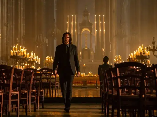 John Wick w kościele, otoczony blaskiem świec. Choć to nie filmy o miłości, jego determinacja jest poruszająca.