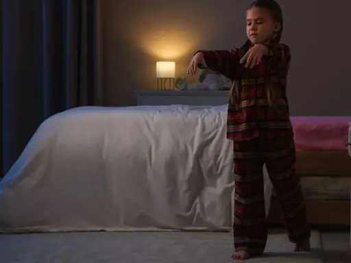 Bambina in pigiama a quadri cammina nel sonno, un esempio di sonnambulismo bambini.