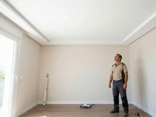 Un hombre admira el nuevo pladur techo con molduras decorativas.