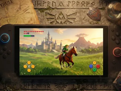 Link na koniu pędzi przez łąki w stronę zamku w grze Ocarina of Time na Switch.