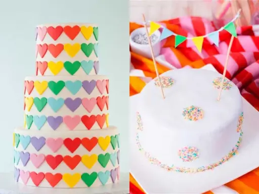 Ideas para decorar tartas: pastel de varios pisos con corazones de colores y pastel blanco con banderines y chispas.