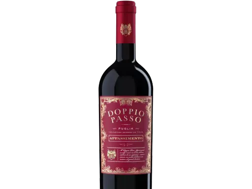 Flasche Doppio Passo Appassimento Wein aus Apulien, Italien. Ein vollmundiger Rotwein mit intensiven Aromen.
