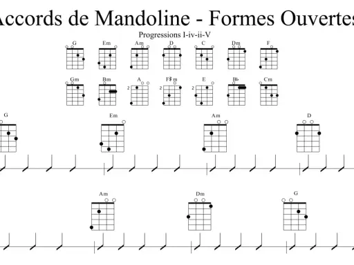 Diagrammes d'accords de mandoline 8 cordes, montrant des formes ouvertes et des progressions musicales.