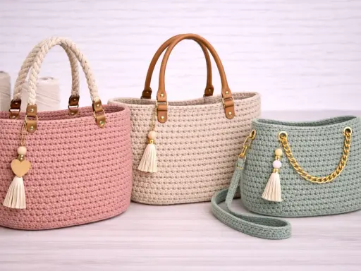 Tres bolsos de punto a dos agujas, uno rosa, uno beige y uno verde menta, con detalles de cuero, borlas y cadena dorada.