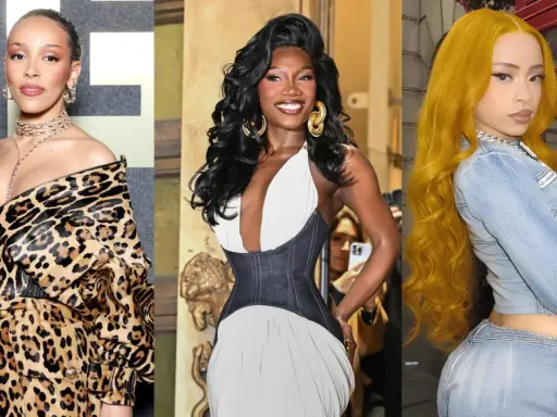 Trzy amerykanki raperki: Doja Cat w panterce, Flo Milli w białej sukni i Ice Spice w jeansie.