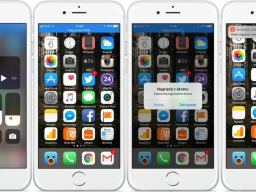 Nagrywanie ekranu na iPhonie. Widok centrum sterowania i ekranu głównego z powiadomieniem o zakończeniu nagrywania.