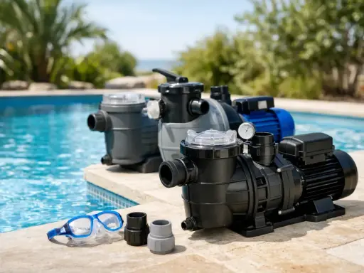 Plusieurs pompes de piscine, avec un tableau de puissance, sont alignées sur le bord d'une piscine bleue. Des lunettes de plongée sont posées à côté.